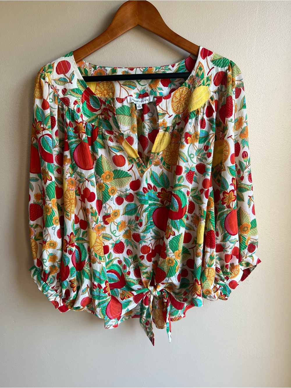 Rose + Olive Fruit Print Tie Front Peasant Blouse Bubble Sleeve Cottagecore XL